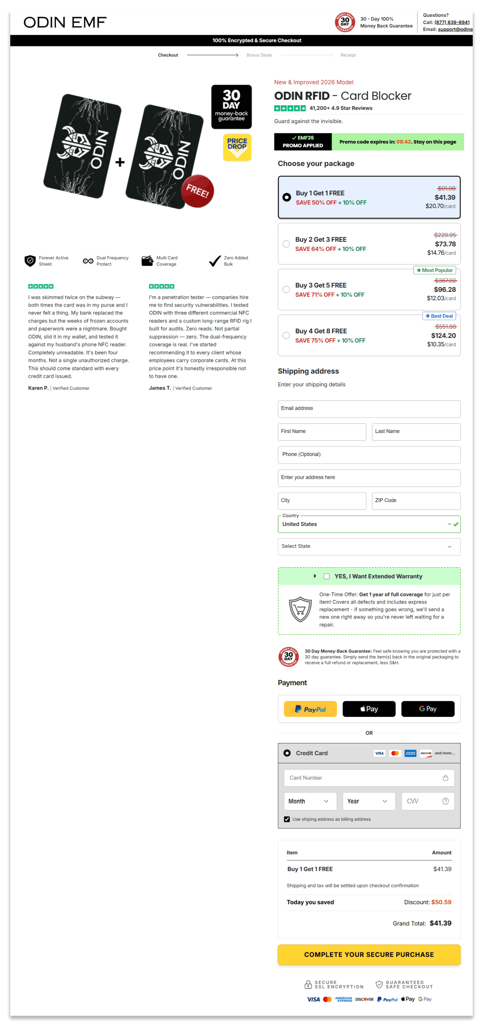 ODIN EMF RFID Card secure checkout page